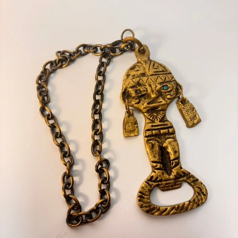 Vintage Brass Aztec Mayan Bottle Opener Gold Figural Tiki Barware Boho Statement
